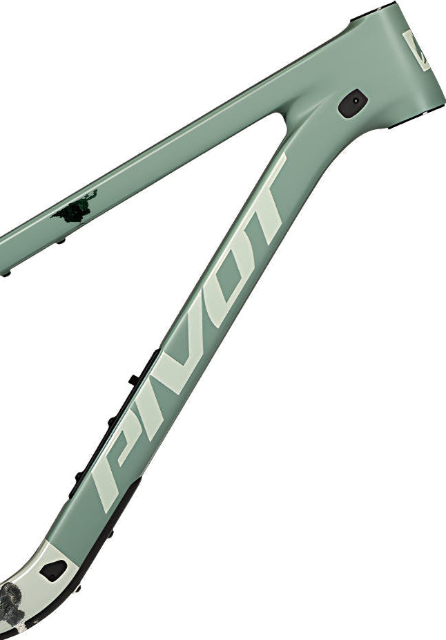 Green bicycle frame with Pivot branding on a white background